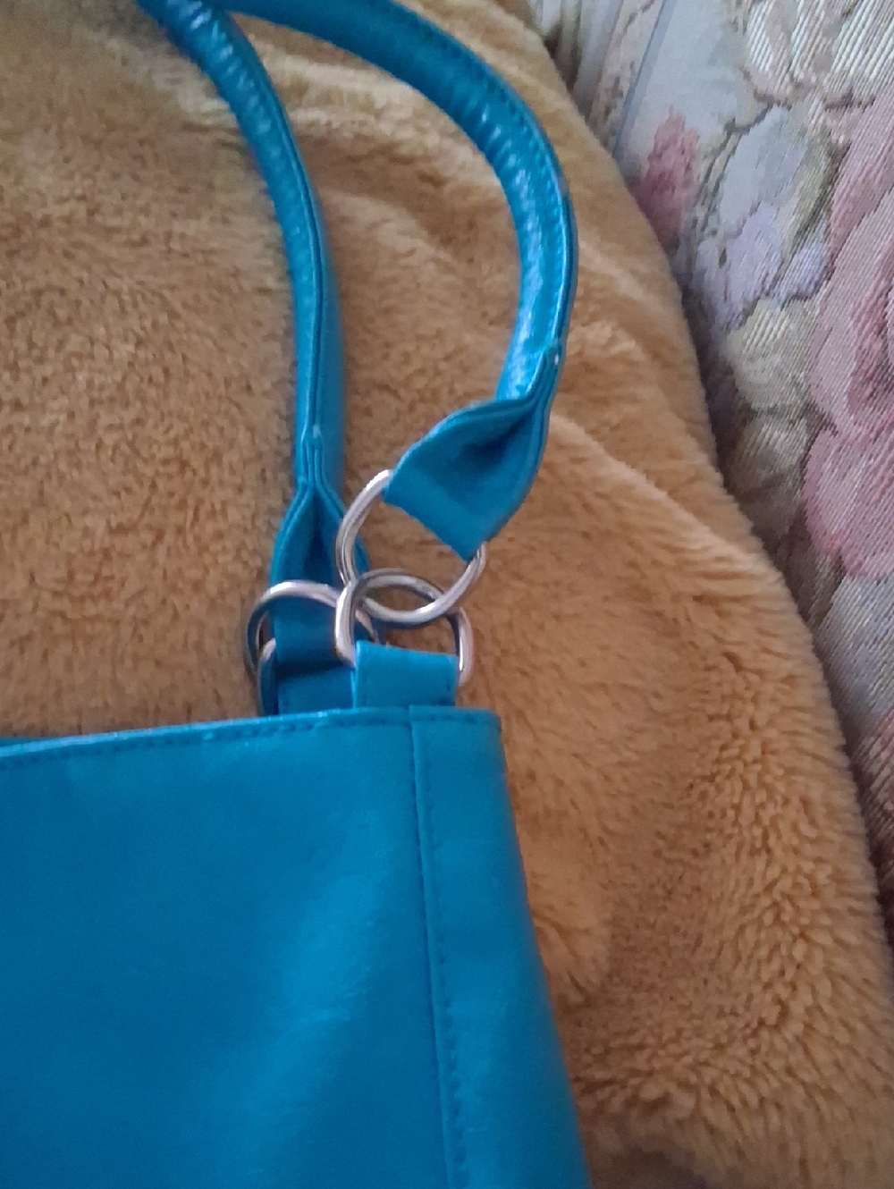 Teal Floral Leather Tote Bag - Women's Shoulder Handbag - Picture 7 of 10